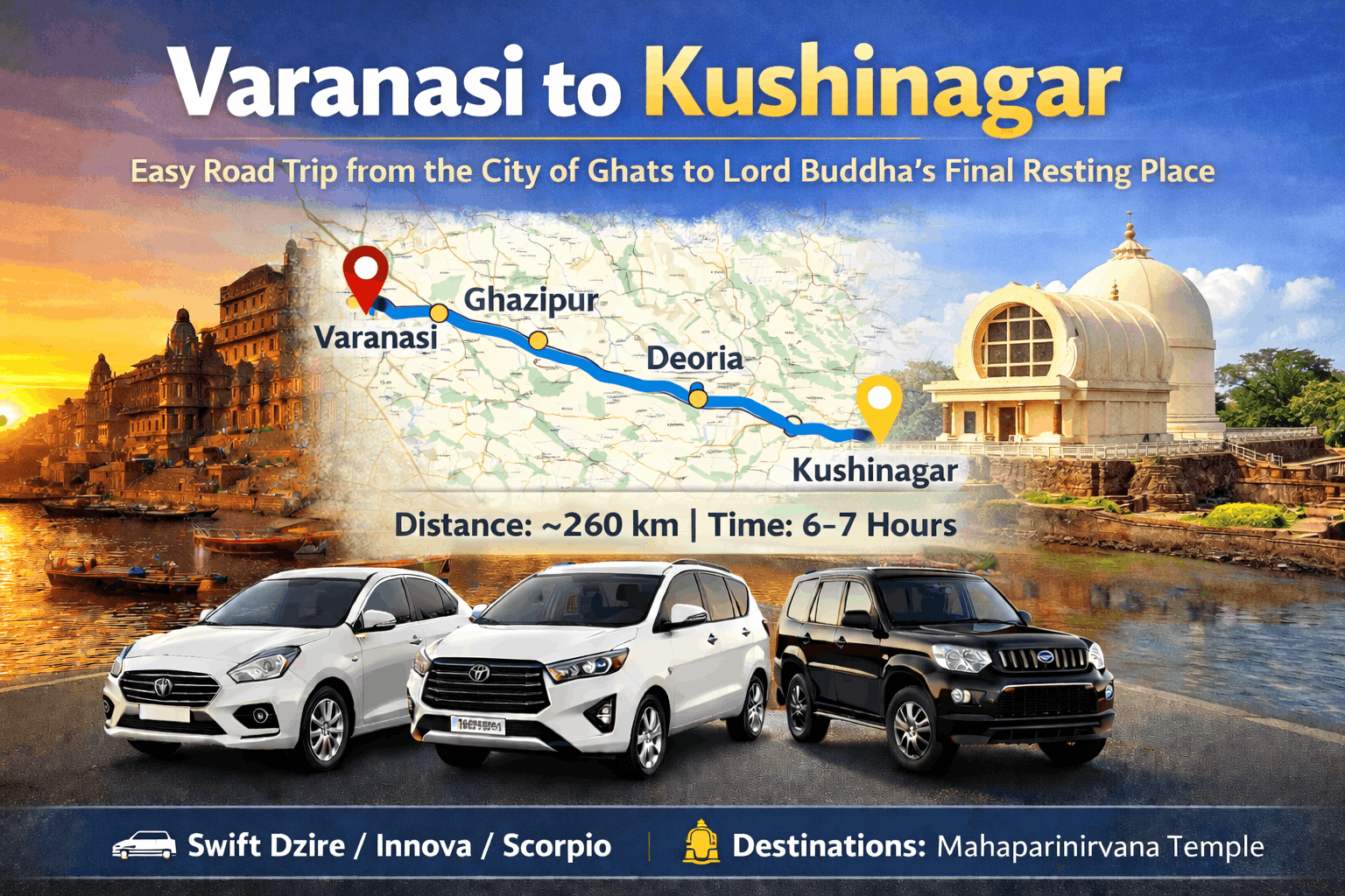 Varanasi to Kushinagar Cab Service